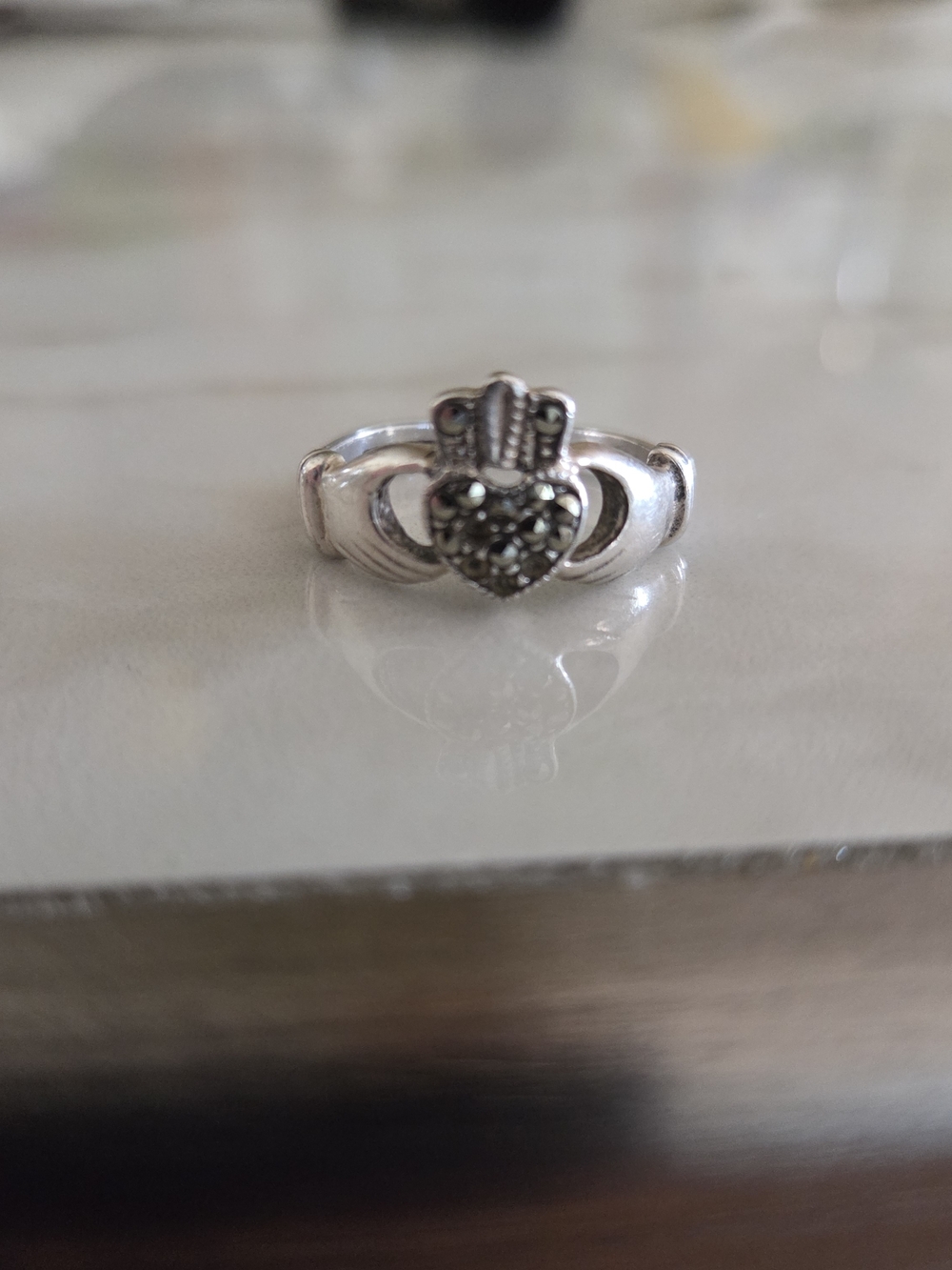 Sterling Silver Heart Claddagh Ring - Silver With Marcasite